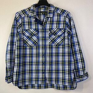 Eddie Bauer Dress Shirt Womens Plaid Sz‎ XL Button Long Sleeve Blue Yellow *FLAW